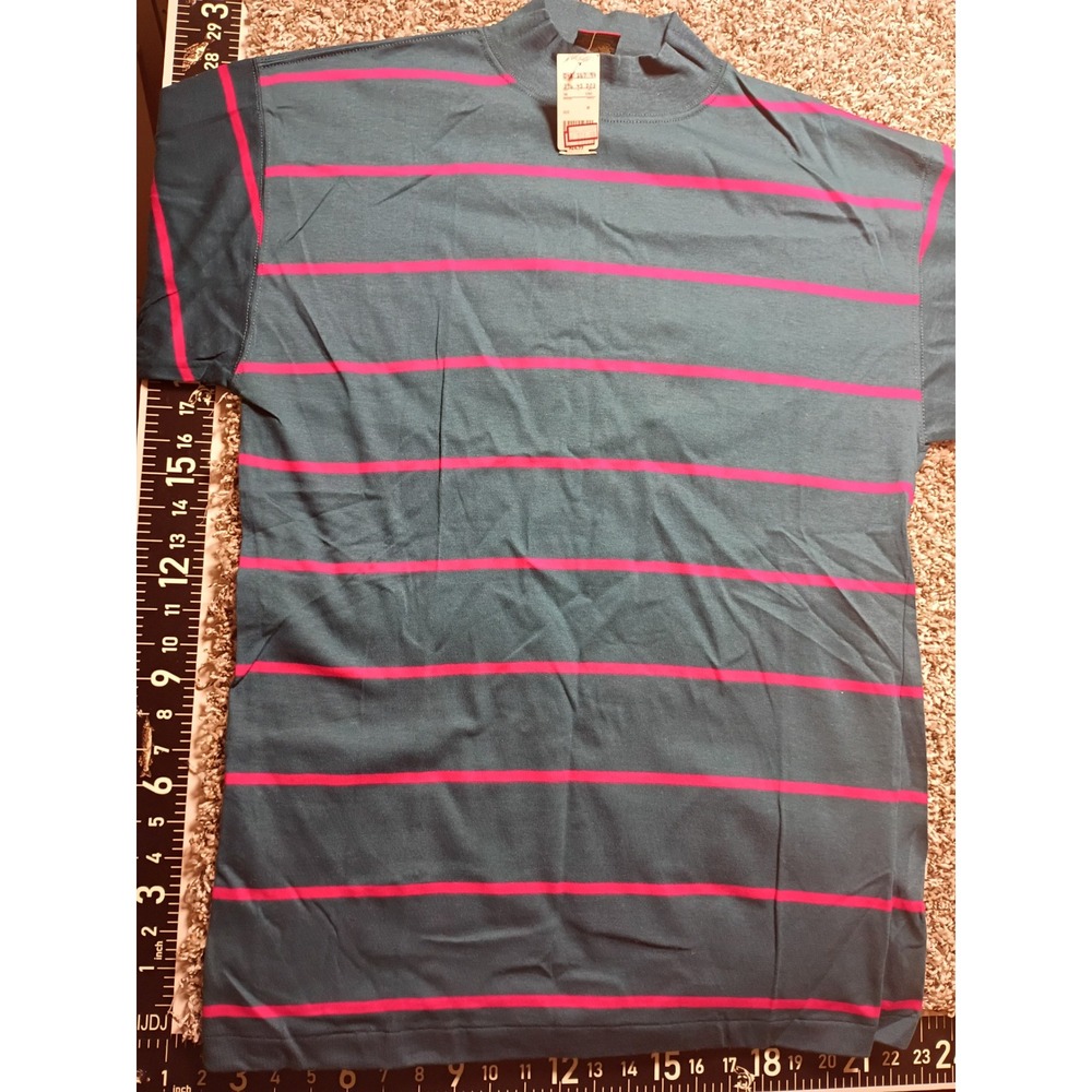 Vintage Cross Creek Mock Neck Striped T-Shirt Mens Large Teal Pink Made in USA